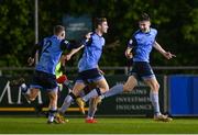 28 April 2023; Jake Doyle of UCD, right, celebrates after scoring his side's first goal during the SSE Airtricity Men's Premier Division match between UCD and Bohemians at the UCD Bowl in Dublin. Photo by Ben McShane/Sportsfile
