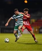 28 April 2023; Jack Byrne of Shamrock Rovers is tackled by Niall Morahan of Sligo Rovers during the SSE Airtricity Men's Premier Division match between Shamrock Rovers and Sligo Rovers at Tallaght Stadium in Dublin. Photo by Tyler Miller/Sportsfile