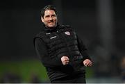 28 April 2023; Derry City head coach Ruaidhrí Higgins celebrates after his side's victory in the SSE Airtricity Men's Premier Division match between Derry City and St Patrick's Athletic at The Ryan McBride Brandywell Stadium in Derry. Photo by Ramsey Cardy/Sportsfile