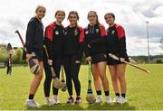 29 April 2023; Down players, from left, Cara Savage, Grace Clancy, Amy Morgan, Niamh McGrath and Claire Morgan before the Electric Ireland Camogie Minor C All-Ireland Championship Semi-Final match between Armagh and Down at Templeport St. Aidan’s in Corrasmongan, Cavan. Photo by Stephen Marken/Sportsfile