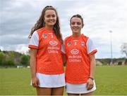 29 April 2023; Armagh joint captains Aoife Byrne, left and Lucie Loughran before the Electric Ireland Camogie Minor C All-Ireland Championship Semi-Final match between Armagh and Down at Templeport St. Aidan’s in Corrasmongan, Cavan. Photo by Stephen Marken/Sportsfile