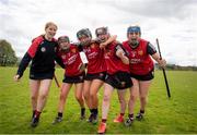 29 April 2023; Down players celebrate after their side's victory in the Electric Ireland Camogie Minor C All-Ireland Championship Semi-Final match between Armagh and Down at Templeport St. Aidan’s in Corrasmongan, Cavan. Photo by Stephen Marken/Sportsfile