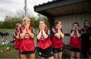 29 April 2023; Down players react to a last minute score during the Electric Ireland Camogie Minor C All-Ireland Championship Semi-Final match between Armagh and Down at Templeport St. Aidan’s in Corrasmongan, Cavan. Photo by Stephen Marken/Sportsfile