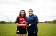 29 April 2023; Pictured is Ceallagh Byrne of Down, left, who was awarded the Electric Ireland player of the match by Tracie McDonald of the Camogie Association, right, following her performance for Down in today’s Electric Ireland Camogie Minor C All-Ireland Championship Semi Final against Armagh at Templeport St. Aidan’s in Corrasmongan, Cavan. Follow all the action in the Electric Ireland Camogie Minor Championships on social media @ElectricIreland and via the hashtag #ThisIsMajor, or for more information go to https://www.electricireland.ie/camogie-minor-championships. Photo by Stephen Marken/Sportsfile