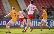 29 April 2023; Darragh Donaghy of Tyrone scores his side's fifth goal during the Ulster GAA Minor Football Championship Group B match between Tyrone and Antrim at O’Neills Healy Park in Omagh, Tyrone. Photo by Ben McShane/Sportsfile