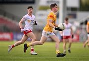 29 April 2023; Daire Oglesby of Antrim in action against Leo Hughes of Tyrone during the Ulster GAA Minor Football Championship Group B match between Tyrone and Antrim at O’Neills Healy Park in Omagh, Tyrone. Photo by Ben McShane/Sportsfile