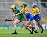 29 April 2023; Sophie O'Callaghan of Limerick in action against Susan Daly of Clare during the Munster Senior Camogie Championship Quarter-Final match between Limerick and Clare at TUS Gaelic Grounds in Limerick. Photo by Piaras Ó Mídheach/Sportsfile