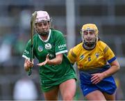 29 April 2023; Orlaith Kelleher of Limerick in action against Clare Hehir of Clare during the Munster Senior Camogie Championship Quarter-Final match between Limerick and Clare at TUS Gaelic Grounds in Limerick. Photo by Piaras Ó Mídheach/Sportsfile
