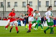 29 April 2023; Harvey Cullinan of Newmarket Celtic, centre, celebrates after scoring his side's first goal during the FAI Junior Cup Final match between St Michael’s AFC and Newmarket Celtic at Jackman Park in Limerick. Photo by Seb Daly/Sportsfile