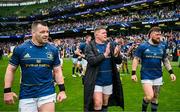 29 April 2023; Leinster players, from left, Cian Healy, Tadhg Furlong and Andrew Porter after their side's victory in the Heineken Champions Cup Semi-Final match between Leinster and Toulouse at the Aviva Stadium in Dublin. Photo by Harry Murphy/Sportsfile