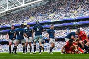 29 April 2023; Leinster players, including Tadhg Furlong, Andrew Porter, Ross Byrne and Jack Conan celebrate a try, scored by Josh van der Flier, during the Heineken Champions Cup Semi Final match between Leinster and Toulouse at the Aviva Stadium in Dublin. Photo by Ramsey Cardy/Sportsfile