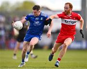 29 April 2023; Karl O'Connell of Monaghan in action against Conor Glass of Derry during the Ulster GAA Football Senior Championship Semi Final match between Derry and Monaghan at O’Neills Healy Park in Omagh, Tyrone. Photo by Ben McShane/Sportsfile