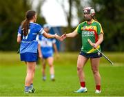 29 April 2023; Aislinn Joyce of Carlow and Susie Delaney of Laois after the Electric Ireland Camogie Minor B All-Ireland Championship Semi-Final match between Carlow and Laois at Banagher in Offaly. Photo by Tom Beary/Sportsfile