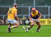 29 April 2023; Lee Chin of Wexford in action against Eoghan Campbell of Antrim during the Leinster GAA Hurling Senior Championship Round 2 match between Wexford and Antrim at Chadwicks Wexford Park in Wexford. Photo by Tyler Miller/Sportsfile