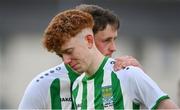 29 April 2023; Denis John Cremins, left, and Shane Ryan of St Michael's AFC after their side's defeat in the FAI Junior Cup Final match between St Michael’s AFC and Newmarket Celtic at Jackman Park in Limerick. Photo by Seb Daly/Sportsfile