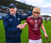 29 April 2023; Dublin manager Micheál Donoghue, left, with Davy Glennon of Westmeath after the Leinster GAA Hurling Senior Championship Round 2 match between Dublin and Westmeath at Parnell Park in Dublin. Photo by Ray McManus/Sportsfile