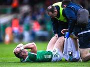 29 April 2023; Seán Finn of Limerick receives medical attention for an injury at half-time during the Munster GAA Hurling Senior Championship Round 2 match between Limerick and Clare at TUS Gaelic Grounds in Limerick. Photo by Piaras Ó Mídheach/Sportsfile