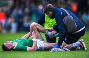 29 April 2023; Seán Finn of Limerick receives medical attention for an injury at half-time during the Munster GAA Hurling Senior Championship Round 2 match between Limerick and Clare at TUS Gaelic Grounds in Limerick. Photo by Piaras Ó Mídheach/Sportsfile