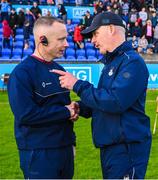29 April 2023; Dublin manager Micheál Donoghue, right, speaks to Westmeath manager Joe Fortune after the Leinster GAA Hurling Senior Championship Round 2 match between Dublin and Westmeath at Parnell Park in Dublin. Photo by Ray McManus/Sportsfile