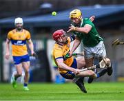 29 April 2023; Tom Morrissey of Limerick is tackled by John Conlon of Clare during the Munster GAA Hurling Senior Championship Round 2 match between Limerick and Clare at TUS Gaelic Grounds in Limerick. Photo by Piaras Ó Mídheach/Sportsfile