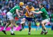 29 April 2023; Cathal Malone of Clare in action against Tom Morrissey, left, and Peter Casey of Limerick during the Munster GAA Hurling Senior Championship Round 2 match between Limerick and Clare at TUS Gaelic Grounds in Limerick. Photo by Piaras Ó Mídheach/Sportsfile