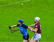 29 April 2023; Paul Crummey of Dublin is tackled by Conor Shaw of Westmeath during the Leinster GAA Hurling Senior Championship Round 2 match between Dublin and Westmeath at Parnell Park in Dublin. Photo by Ray McManus/Sportsfile