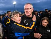 29 April 2023; Clare manager Brian Lohan celebrates with supporters after his side's victory in the Munster GAA Hurling Senior Championship Round 2 match between Limerick and Clare at TUS Gaelic Grounds in Limerick. Photo by Piaras Ó Mídheach/Sportsfile