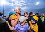 29 April 2023; Conor Cleary of Clare celebrates with supporters after his side's victory in the Munster GAA Hurling Senior Championship Round 2 match between Limerick and Clare at TUS Gaelic Grounds in Limerick. Photo by Piaras Ó Mídheach/Sportsfile