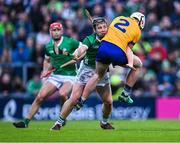 29 April 2023; Peter Casey of Limerick in action against Adam Hogan of Clare during the Munster GAA Hurling Senior Championship Round 2 match between Limerick and Clare at TUS Gaelic Grounds in Limerick. Photo by Piaras Ó Mídheach/Sportsfile