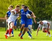 29 April 2023; Paulie Tolofua of Leinster is tackled by Stephen Corr of Ulster during an Interprovincial Juniors match between Leinster and Ulster at Tullow RFC in Tullow, Carlow. Photo by Matt Browne/Sportsfile