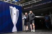 29 April 2023; Leinster senior kitman Jim Bastick and Cian Healy before the Heineken Champions Cup Semi-Final match between Leinster and Toulouse at the Aviva Stadium in Dublin. Photo by Harry Murphy/Sportsfile