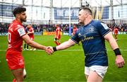 29 April 2023; Cian Healy of Leinster shakes hands with Romain Ntamack of Toulouse after the Heineken Champions Cup Semi-Final match between Leinster and Toulouse at the Aviva Stadium in Dublin. Photo by Harry Murphy/Sportsfile