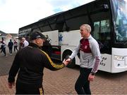 30 April 2023; Galway manager Henry Shefflin is greeted on his arrival by Kilkenny kitman Rackard Coady before the Leinster GAA Hurling Senior Championship Round 2 match between Kilkenny and Galway at UPMC Nowlan Park in Kilkenny. Photo by Ray McManus/Sportsfile