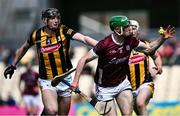 30 April 2023; Cianan Fahy of Galway in action against David Blanchfield of Kilkenny during the Leinster GAA Hurling Senior Championship Round 2 match between Kilkenny and Galway at UPMC Nowlan Park in Kilkenny. Photo by Harry Murphy/Sportsfile