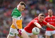 30 April 2023; Cian Farrell of Offaly in action against Niall Sharkey of Louth during the Leinster GAA Football Senior Championship Semi Final match between Louth and Offaly at Croke Park in Dublin. Photo by Seb Daly/Sportsfile