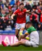 30 April 2023; Daire McConnon of Louth remonstrates toward the umpires after a goal was not awarded, due to a goal-line clearance, during the Leinster GAA Football Senior Championship Semi Final match between Louth and Offaly at Croke Park in Dublin. Photo by Ben McShane/Sportsfile
