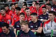 30 April 2023; Cork players including Patrick Horgan, centre, watch the camogie game before the Munster GAA Hurling Senior Championship Round 2 match between Cork and Waterford at Páirc Uí Chaoimh in Cork. Photo by David Fitzgerald/Sportsfile