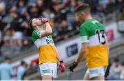 30 April 2023; Cian Farrell of Offaly reacts after kicking wide in additional time of the Leinster GAA Football Senior Championship Semi Final match between Louth and Offaly at Croke Park in Dublin. Photo by Seb Daly/Sportsfile