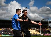 30 April 2023; Kilkenny manager Derek Lyng protests to sideline official Ciarán O'Regan during the Leinster GAA Hurling Senior Championship Round 2 match between Kilkenny and Galway at UPMC Nowlan Park in Kilkenny. Photo by Harry Murphy/Sportsfile