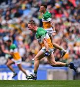 30 April 2023; Declan Hogan of Offaly celebrates after scoring his side's second goal during the Leinster GAA Football Senior Championship Semi Final match between Louth and Offaly at Croke Park in Dublin. Photo by Ben McShane/Sportsfile