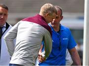 30 April 2023; Galway manager Henry Shefflin shakes hands with referee Johnny Murphy after the Leinster GAA Hurling Senior Championship Round 2 match between Kilkenny and Galway at UPMC Nowlan Park in Kilkenny. Photo by Ray McManus/Sportsfile