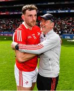 30 April 2023; Louth manager Mickey Harte, right, celebrates with Sam Mulroy of Louth after the Leinster GAA Football Senior Championship Semi Final match between Louth and Offaly at Croke Park in Dublin. Photo by Ben McShane/Sportsfile