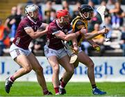 30 April 2023; Conor Fogarty of Kilkenny under pressure from Galway players Daithi Burke, left, and TJ Brennan during the Leinster GAA Hurling Senior Championship Round 2 match between Kilkenny and Galway at UPMC Nowlan Park in Kilkenny. Photo by Ray McManus/Sportsfile