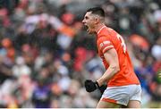 30 April 2023; Shane McPartlan of Armagh celebrates after scoring his side's second goal during the Ulster GAA Football Senior Championship Semi Final match between Armagh and Down at St Tiernach’s Park in Clones, Monaghan. Photo by Ramsey Cardy/Sportsfile