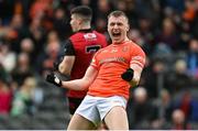 30 April 2023; Rian O'Neill of Armagh celebrates after scoring his side's fourth goal during the Ulster GAA Football Senior Championship Semi Final match between Armagh and Down at St Tiernach’s Park in Clones, Monaghan. Photo by Ramsey Cardy/Sportsfile