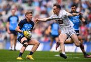 30 April 2023; Seán Bugler of Dublin gets past the tackle of Paddy McDermott of Kildare during the Leinster GAA Football Senior Championship Semi Final match between Dublin and Kildare at Croke Park in Dublin. Photo by Ben McShane/Sportsfile