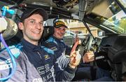 30 April 2023; Callum Devine and Noel O'Sullivan in their VW Polo GTI R5 celebrates after winning the Assess Ireland International Rally of the Lakes round 4 of the Irish Tarmac Rally Championship at Killarney, Co Kerry. Photo by Philip Fitzpatrick/Sportsfile