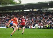 30 April 2023; Jason Duffy of Armagh shoots at goal during the Ulster GAA Football Senior Championship Semi Final match between Armagh and Down at St Tiernach’s Park in Clones, Monaghan. Photo by Ramsey Cardy/Sportsfile