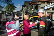 30 April 2023; Elaine Ní Shé from on the Limits Sport interviews Josh Moffett at the Assess Ireland International Rally of the Lakes round 4 of the Irish Tarmac Rally Championship at Killarney, Co Kerry. Photo by Philip Fitzpatrick/Sportsfile