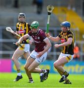 30 April 2023; Cianan Fahy of Galway in action against John Donnelly of Kilkenny during the Leinster GAA Hurling Senior Championship Round 2 match between Kilkenny and Galway at UPMC Nowlan Park in Kilkenny. Photo by Ray McManus/Sportsfile